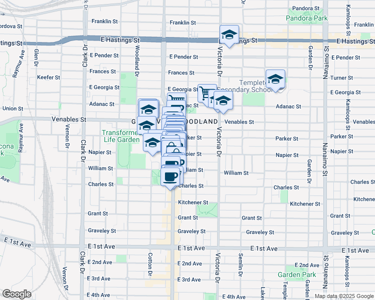 map of restaurants, bars, coffee shops, grocery stores, and more near 1747 Napier Street in Vancouver