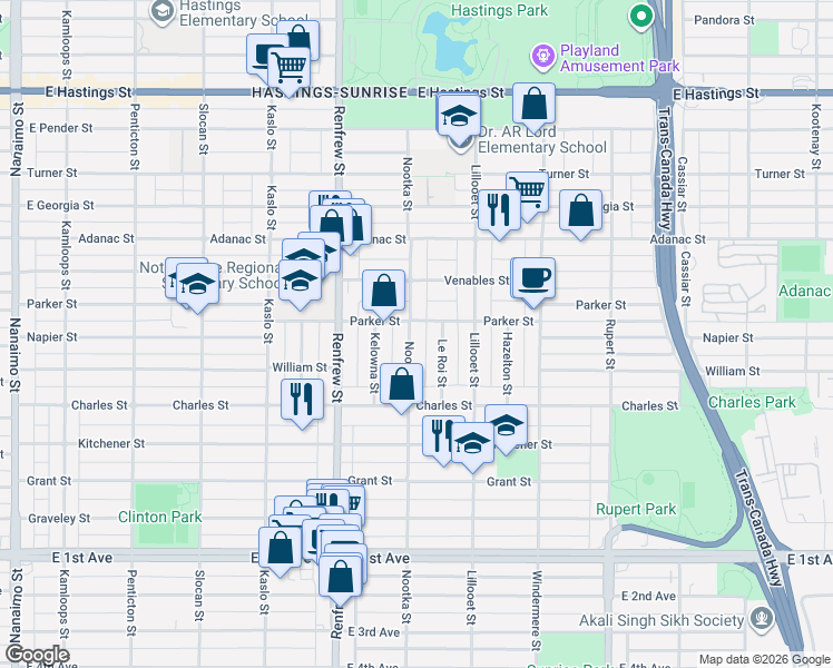 map of restaurants, bars, coffee shops, grocery stores, and more near 1036 Nootka Street in Vancouver