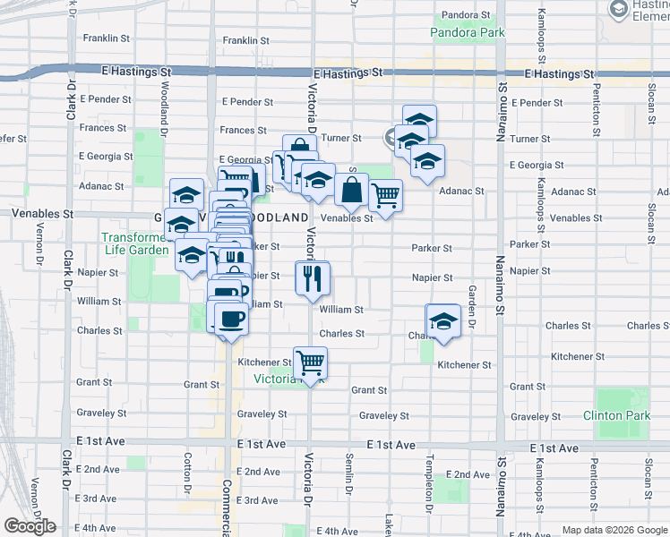 map of restaurants, bars, coffee shops, grocery stores, and more near 1951 Napier Street in Vancouver