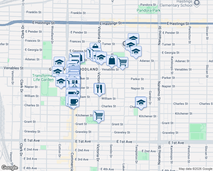 map of restaurants, bars, coffee shops, grocery stores, and more near 1951 Napier Street in Vancouver