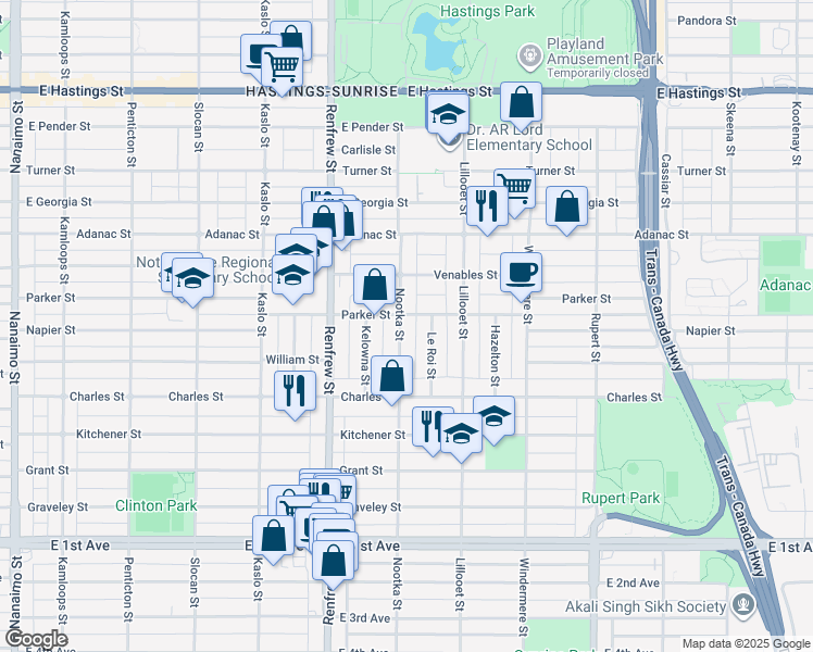 map of restaurants, bars, coffee shops, grocery stores, and more near 1036 Nootka Street in Vancouver