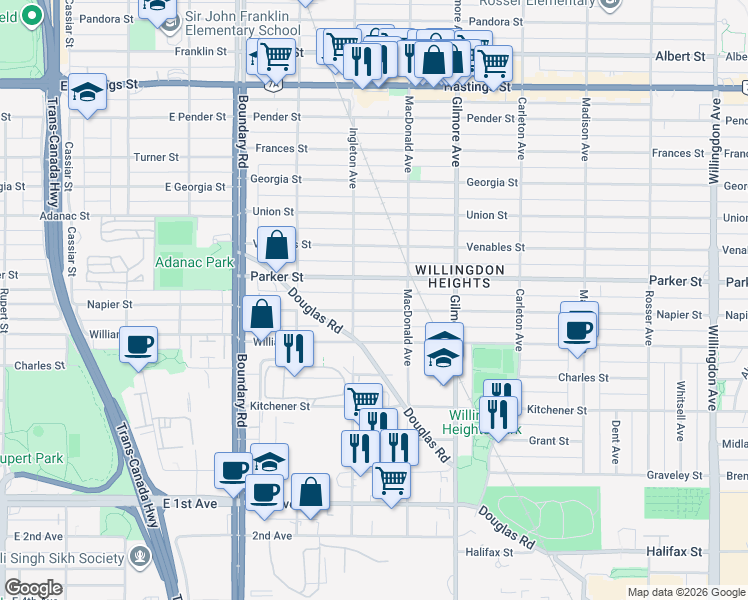 map of restaurants, bars, coffee shops, grocery stores, and more near 3933 Napier Street in Burnaby