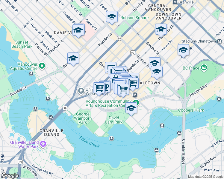 map of restaurants, bars, coffee shops, grocery stores, and more near 1280 Richards Street in Vancouver
