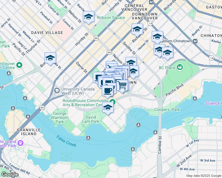 map of restaurants, bars, coffee shops, grocery stores, and more near 1178 Hamilton Street in Vancouver