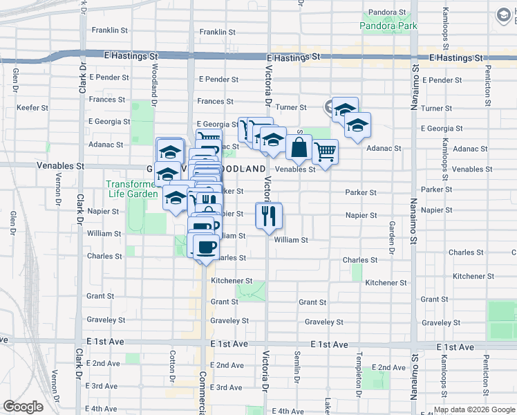 map of restaurants, bars, coffee shops, grocery stores, and more near 1859 Napier Street in Vancouver