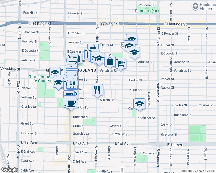 map of restaurants, bars, coffee shops, grocery stores, and more near 1081 Semlin Drive in Vancouver