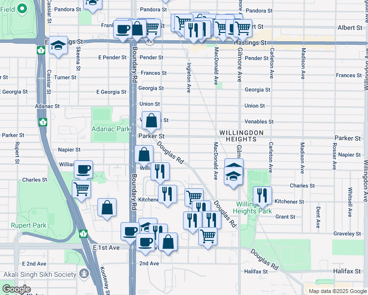 map of restaurants, bars, coffee shops, grocery stores, and more near 3881 Napier Street in Burnaby