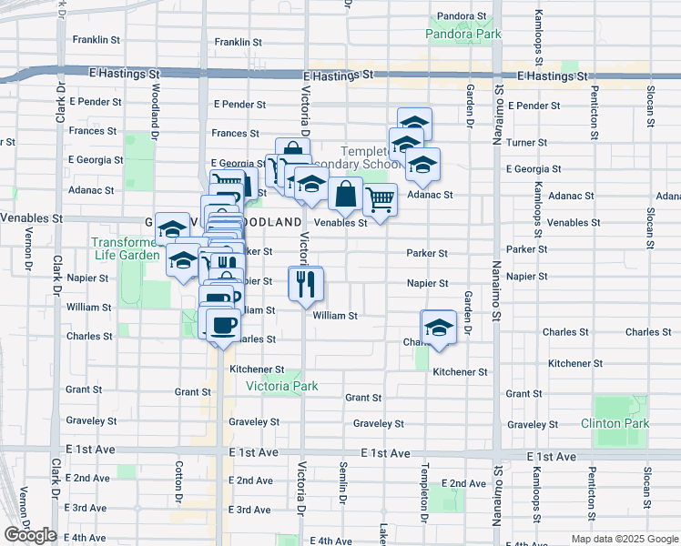map of restaurants, bars, coffee shops, grocery stores, and more near 1061 Semlin Drive in Vancouver