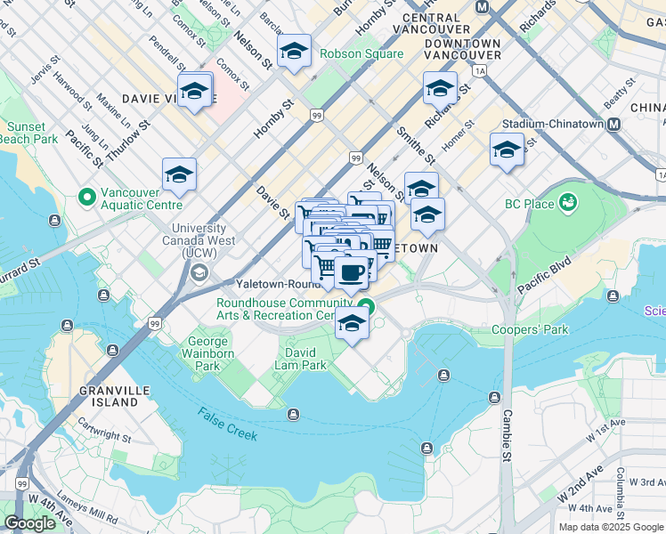 map of restaurants, bars, coffee shops, grocery stores, and more near 1208 Homer Street in Vancouver