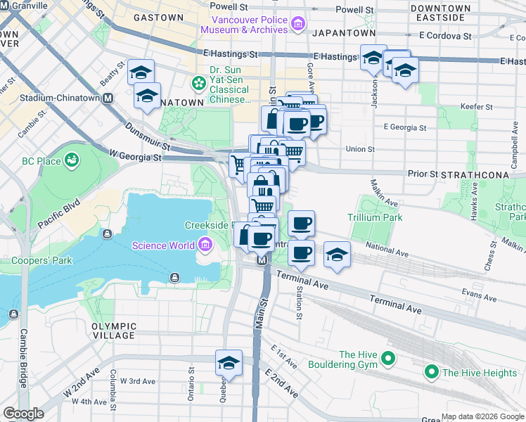 map of restaurants, bars, coffee shops, grocery stores, and more near in Vancouver
