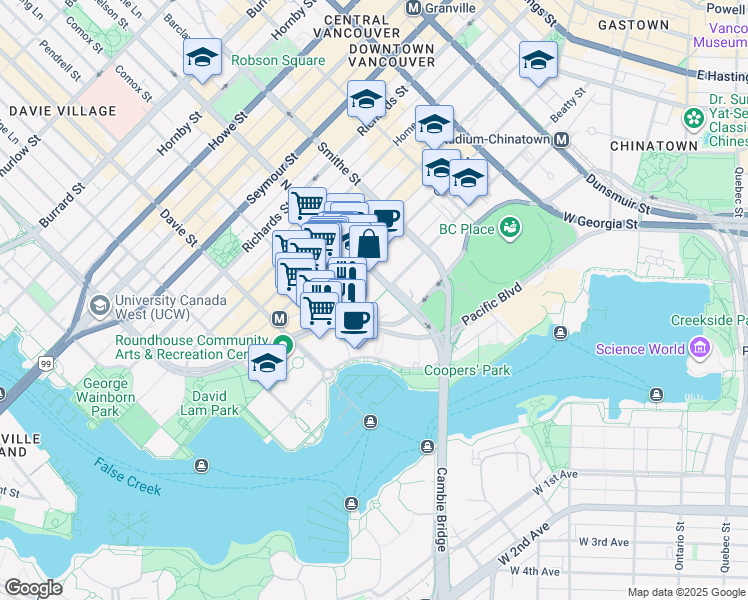 map of restaurants, bars, coffee shops, grocery stores, and more near 193 Aquarius Mews in Vancouver