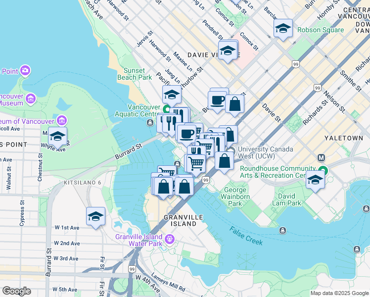 map of restaurants, bars, coffee shops, grocery stores, and more near in Vancouver