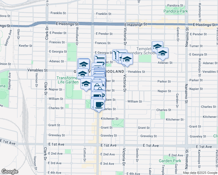 map of restaurants, bars, coffee shops, grocery stores, and more near 1775 Napier Street in Vancouver