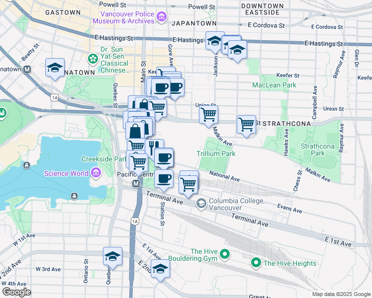 map of restaurants, bars, coffee shops, grocery stores, and more near 1002 Station Street in Vancouver