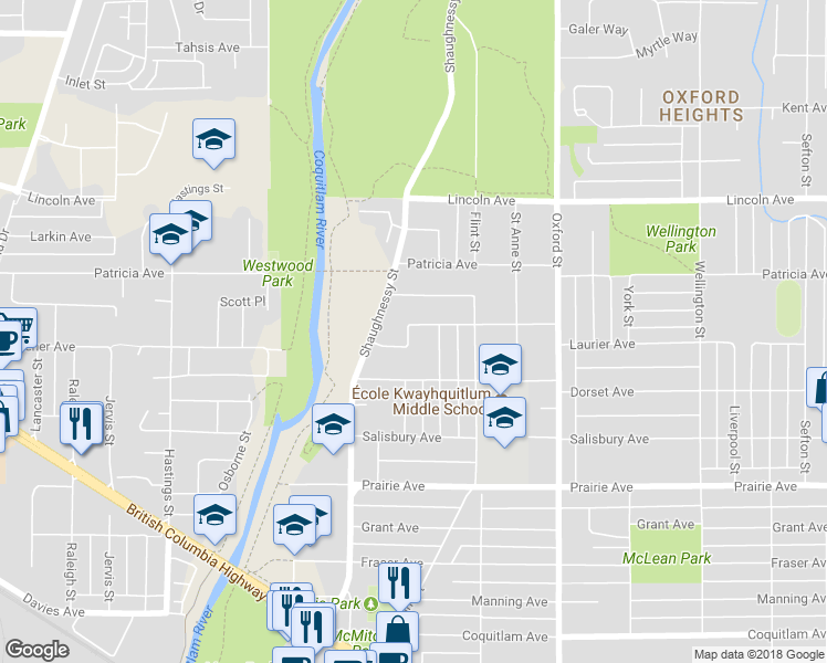 map of restaurants, bars, coffee shops, grocery stores, and more near 2160 Laurier Avenue in Port Coquitlam