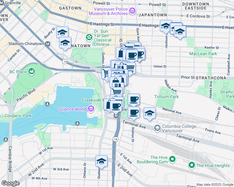 map of restaurants, bars, coffee shops, grocery stores, and more near 189 National Avenue in Vancouver