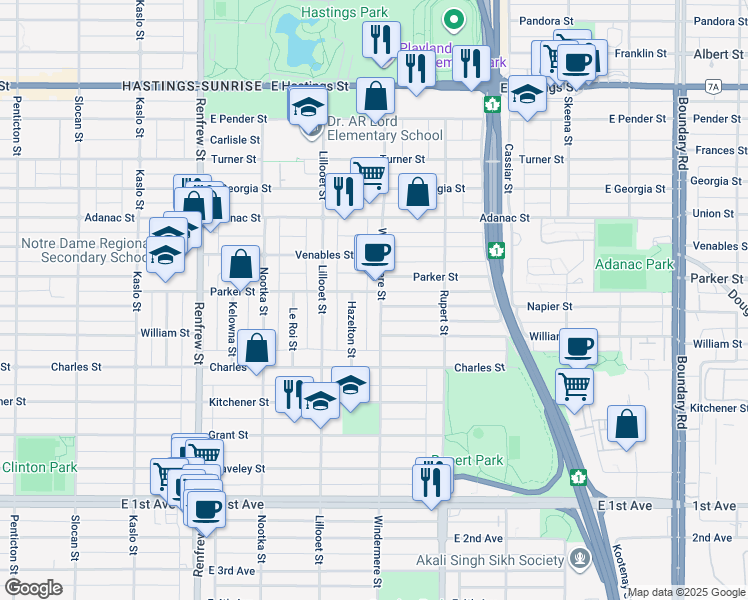 map of restaurants, bars, coffee shops, grocery stores, and more near 1025 Windermere Street in Vancouver