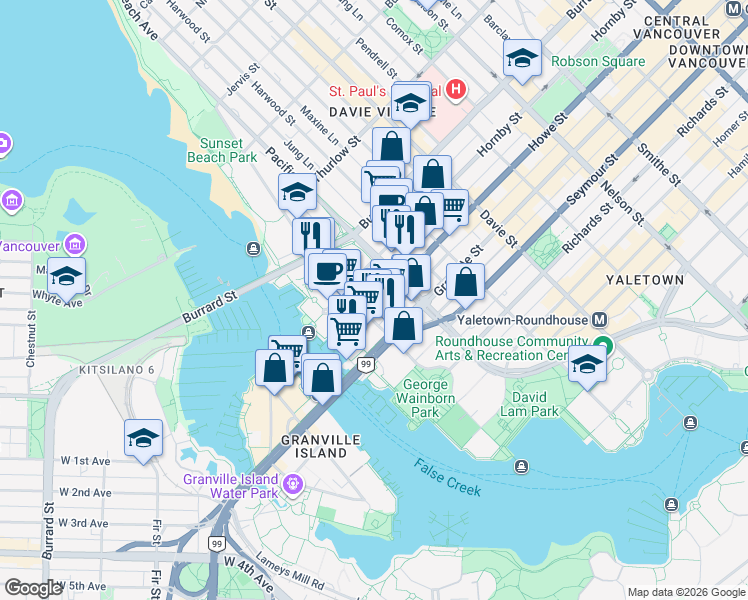 map of restaurants, bars, coffee shops, grocery stores, and more near 1471 Howe Street in Vancouver