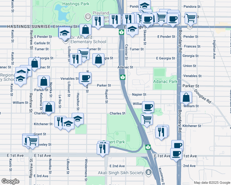 map of restaurants, bars, coffee shops, grocery stores, and more near 3347 Napier Street in Vancouver