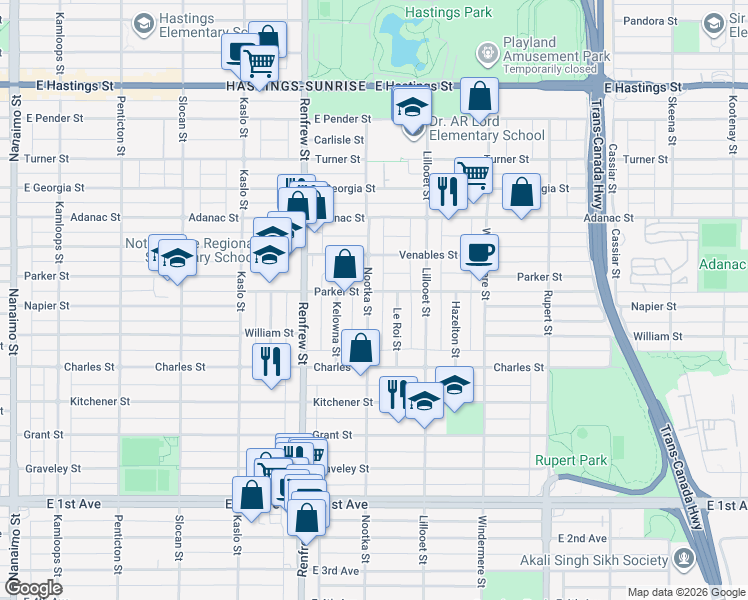 map of restaurants, bars, coffee shops, grocery stores, and more near 1020 Nootka Street in Vancouver
