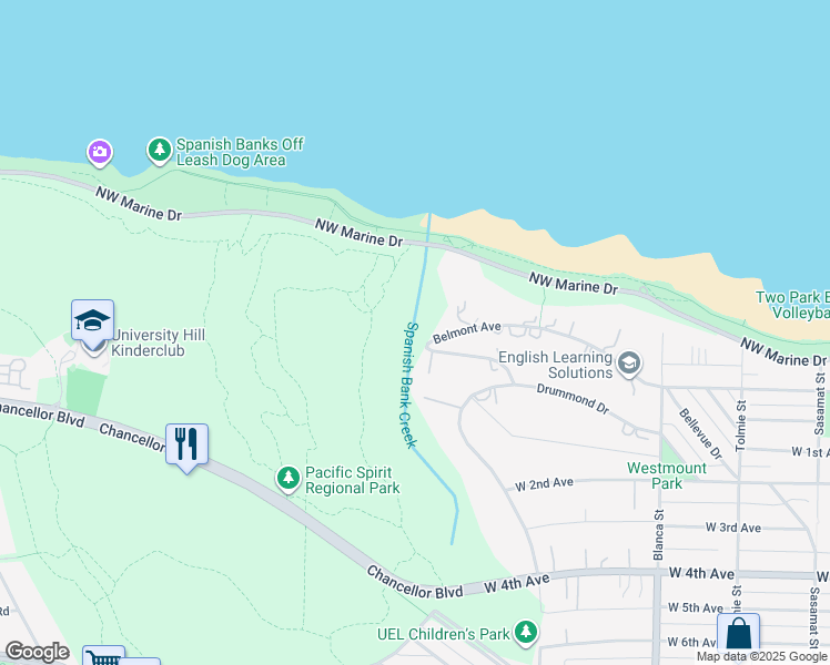 map of restaurants, bars, coffee shops, grocery stores, and more near 4899 Belmont Avenue in Vancouver
