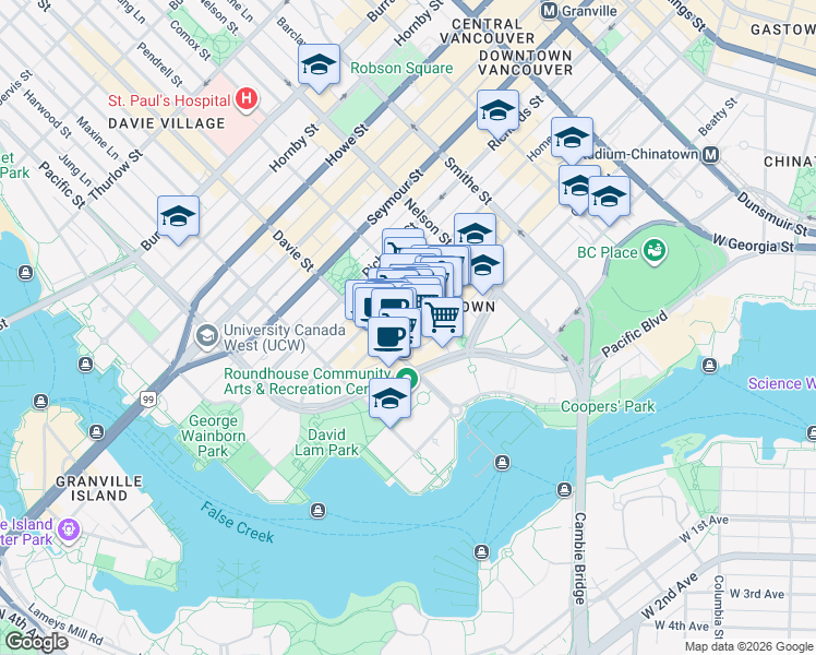 map of restaurants, bars, coffee shops, grocery stores, and more near 1155 Mainland Street in Vancouver