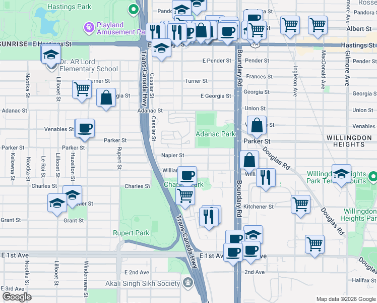 map of restaurants, bars, coffee shops, grocery stores, and more near 3523 Napier Street in Vancouver