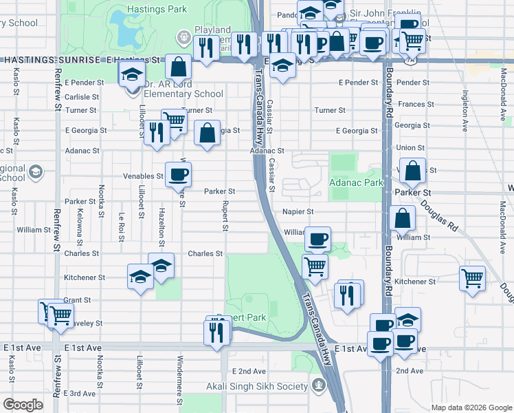 map of restaurants, bars, coffee shops, grocery stores, and more near 3375 Napier Street in Vancouver
