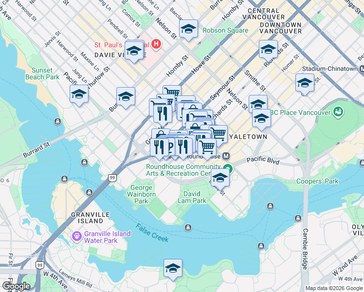 map of restaurants, bars, coffee shops, grocery stores, and more near 1295 Richards Street in Vancouver