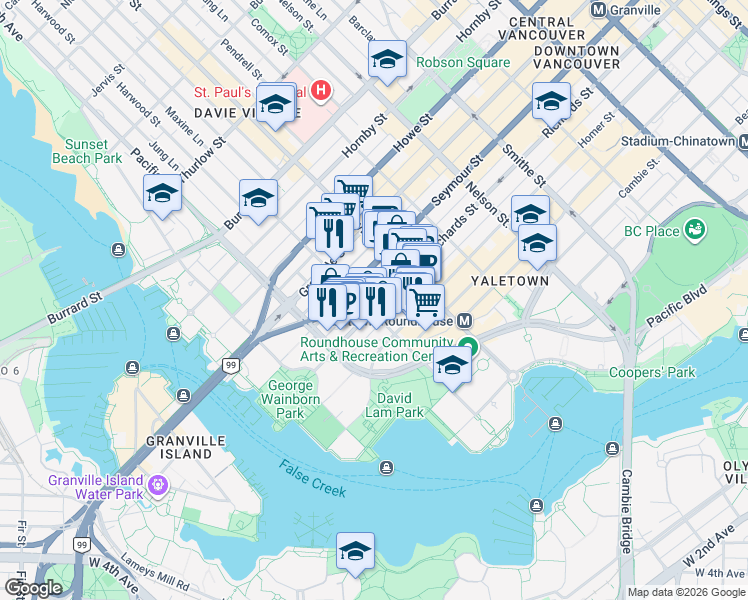 map of restaurants, bars, coffee shops, grocery stores, and more near 1295 Richards Street in Vancouver