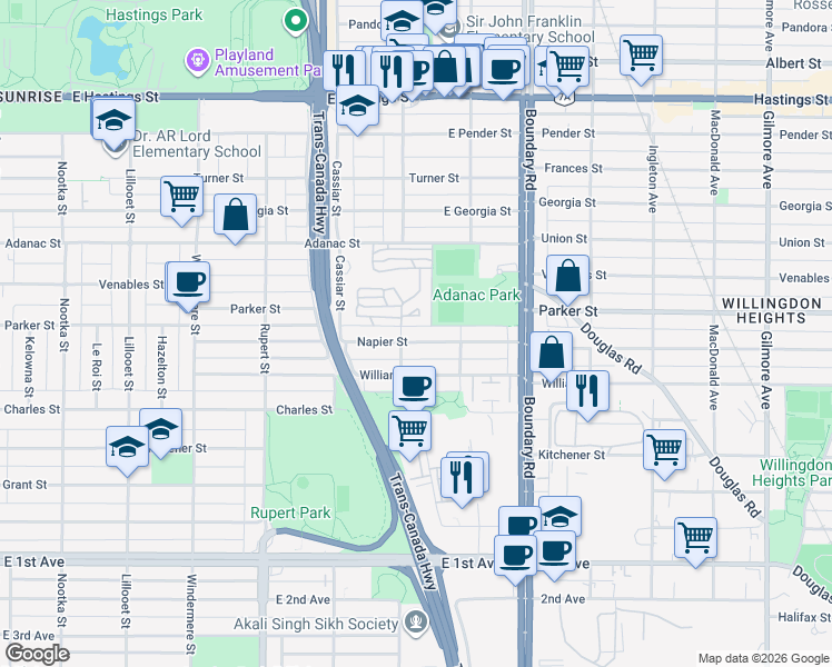 map of restaurants, bars, coffee shops, grocery stores, and more near 3523 Napier Street in Vancouver