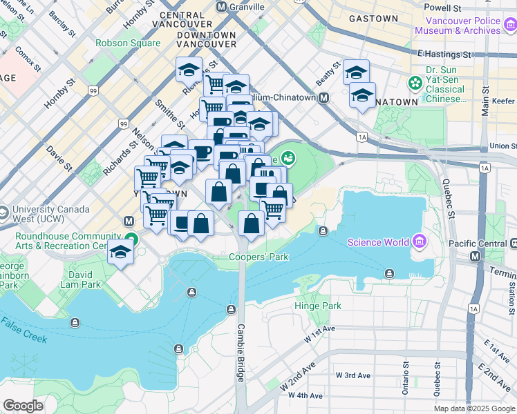 map of restaurants, bars, coffee shops, grocery stores, and more near 38 Smithe Street in Vancouver
