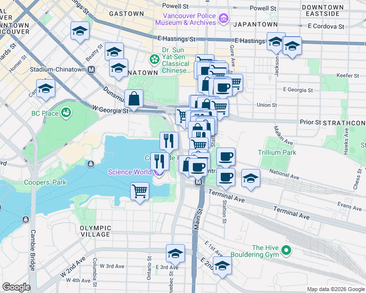 map of restaurants, bars, coffee shops, grocery stores, and more near 1088 Quebec Street in Vancouver