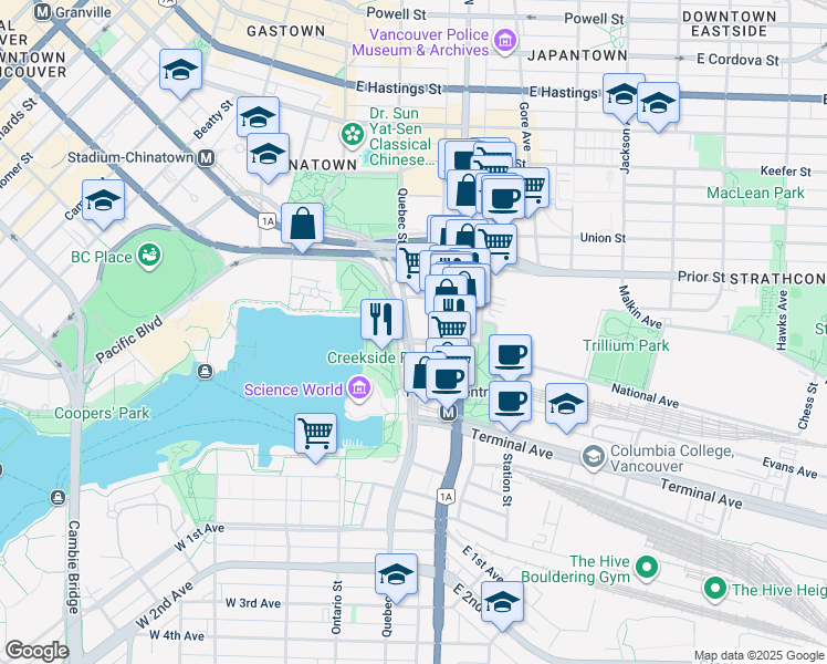 map of restaurants, bars, coffee shops, grocery stores, and more near 1088 Quebec Street in Vancouver