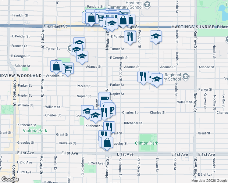 map of restaurants, bars, coffee shops, grocery stores, and more near 2435 Napier Street in Vancouver
