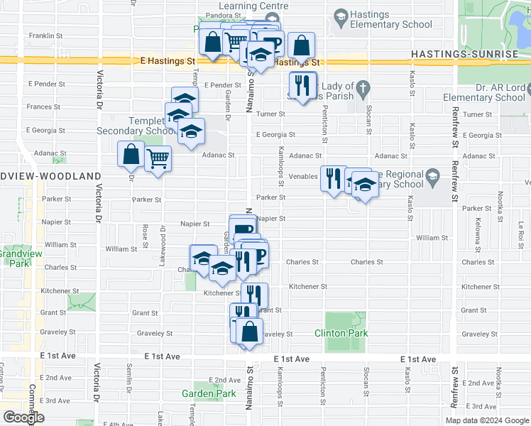 map of restaurants, bars, coffee shops, grocery stores, and more near 2435 Napier Street in Vancouver