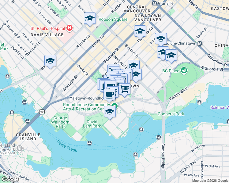 map of restaurants, bars, coffee shops, grocery stores, and more near 1178 Hamilton Street in Vancouver