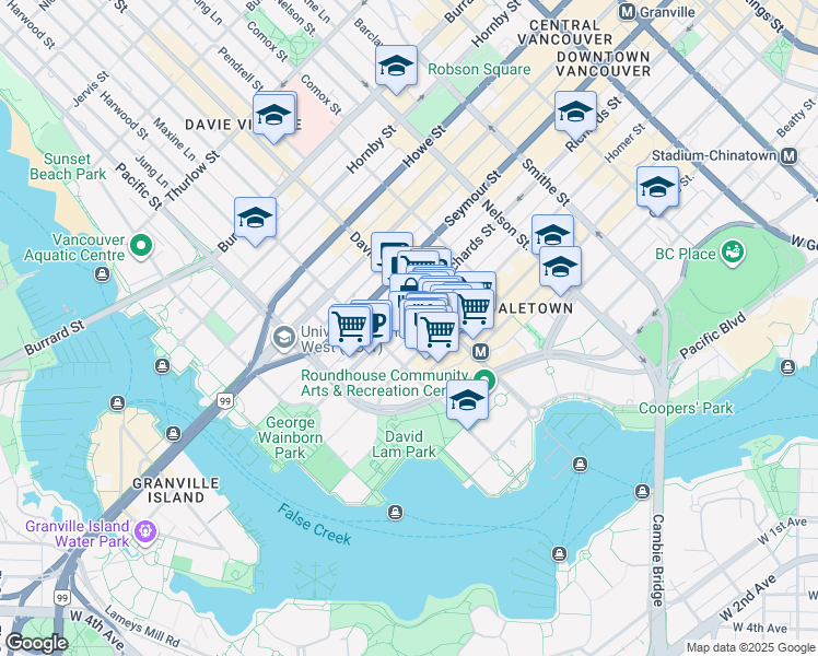 map of restaurants, bars, coffee shops, grocery stores, and more near in Vancouver