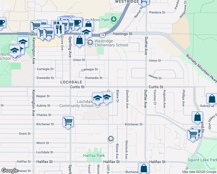 map of restaurants, bars, coffee shops, grocery stores, and more near 1000 Cliff Avenue in Burnaby