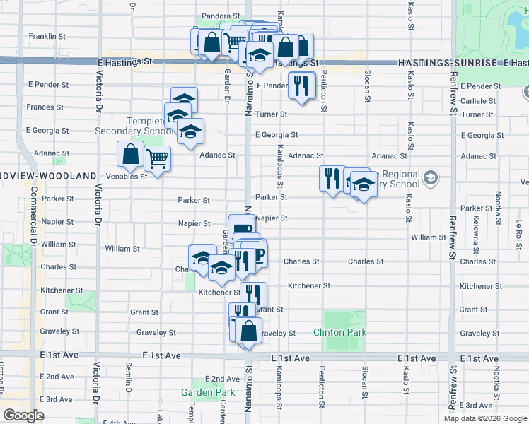 map of restaurants, bars, coffee shops, grocery stores, and more near 2435 Napier Street in Vancouver