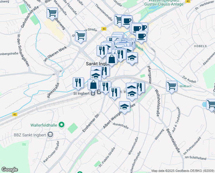 map of restaurants, bars, coffee shops, grocery stores, and more near 10 Neue Bahnhofstraße in Sankt Ingbert