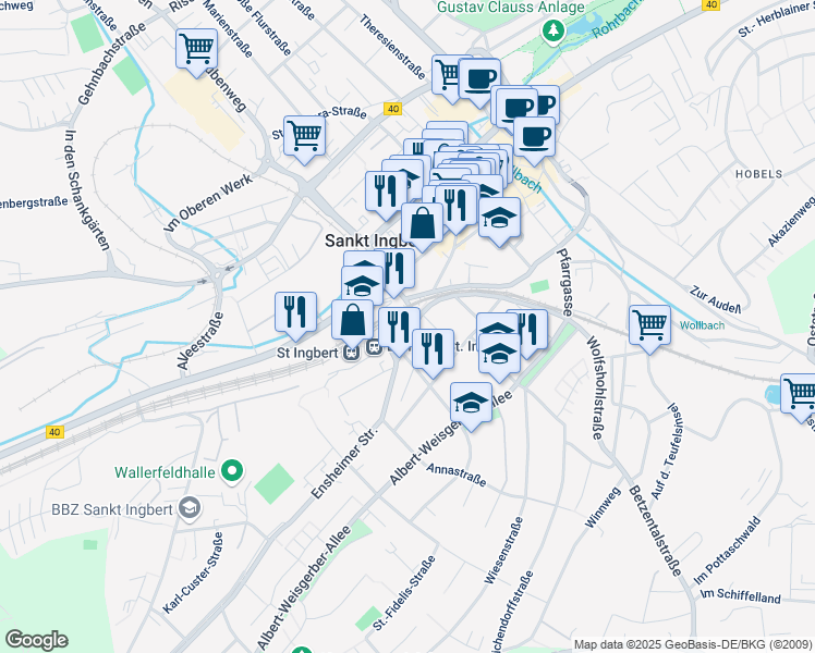 map of restaurants, bars, coffee shops, grocery stores, and more near 10 Neue Bahnhofstraße in Sankt Ingbert