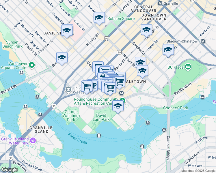 map of restaurants, bars, coffee shops, grocery stores, and more near 1221 Homer Street in Vancouver