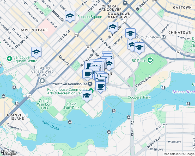 map of restaurants, bars, coffee shops, grocery stores, and more near in Vancouver