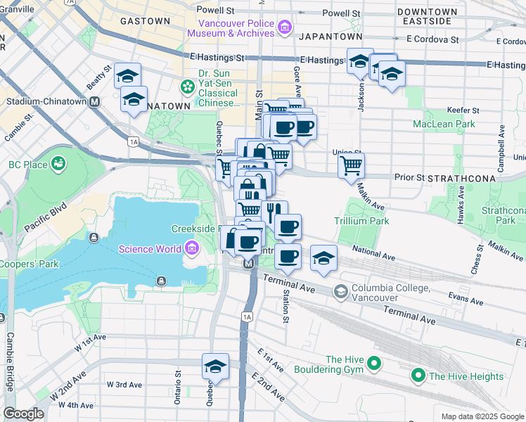 map of restaurants, bars, coffee shops, grocery stores, and more near in Vancouver