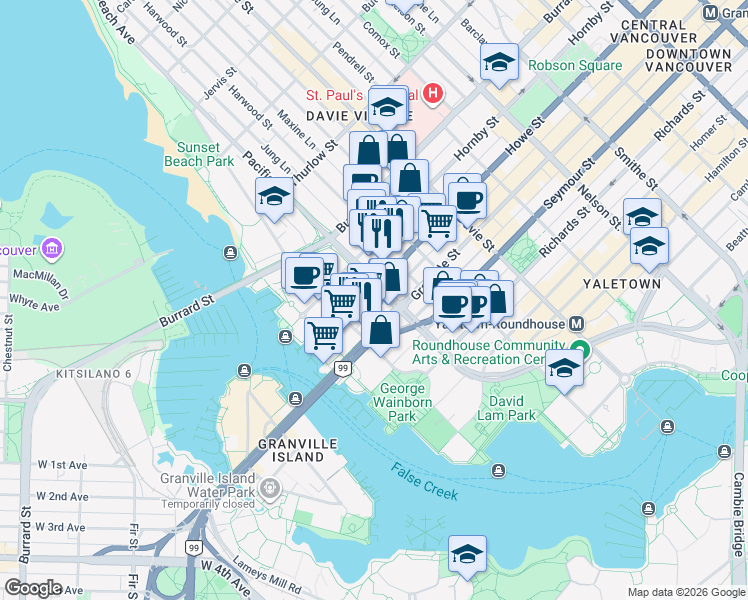 map of restaurants, bars, coffee shops, grocery stores, and more near 1329 Continental Street in Vancouver