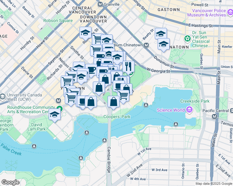 map of restaurants, bars, coffee shops, grocery stores, and more near 68 Smithe Street in Vancouver