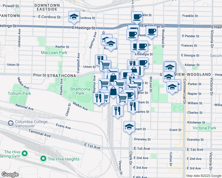 map of restaurants, bars, coffee shops, grocery stores, and more near in Vancouver