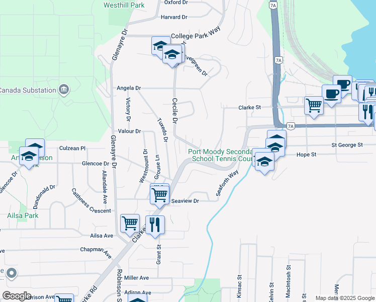 map of restaurants, bars, coffee shops, grocery stores, and more near 1035 Cecile Drive in Port Moody
