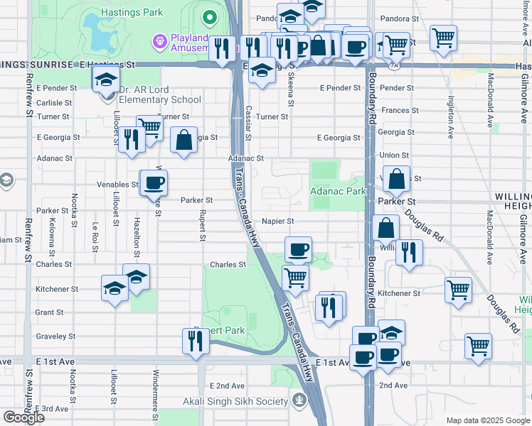 map of restaurants, bars, coffee shops, grocery stores, and more near 3429 Napier Street in Vancouver